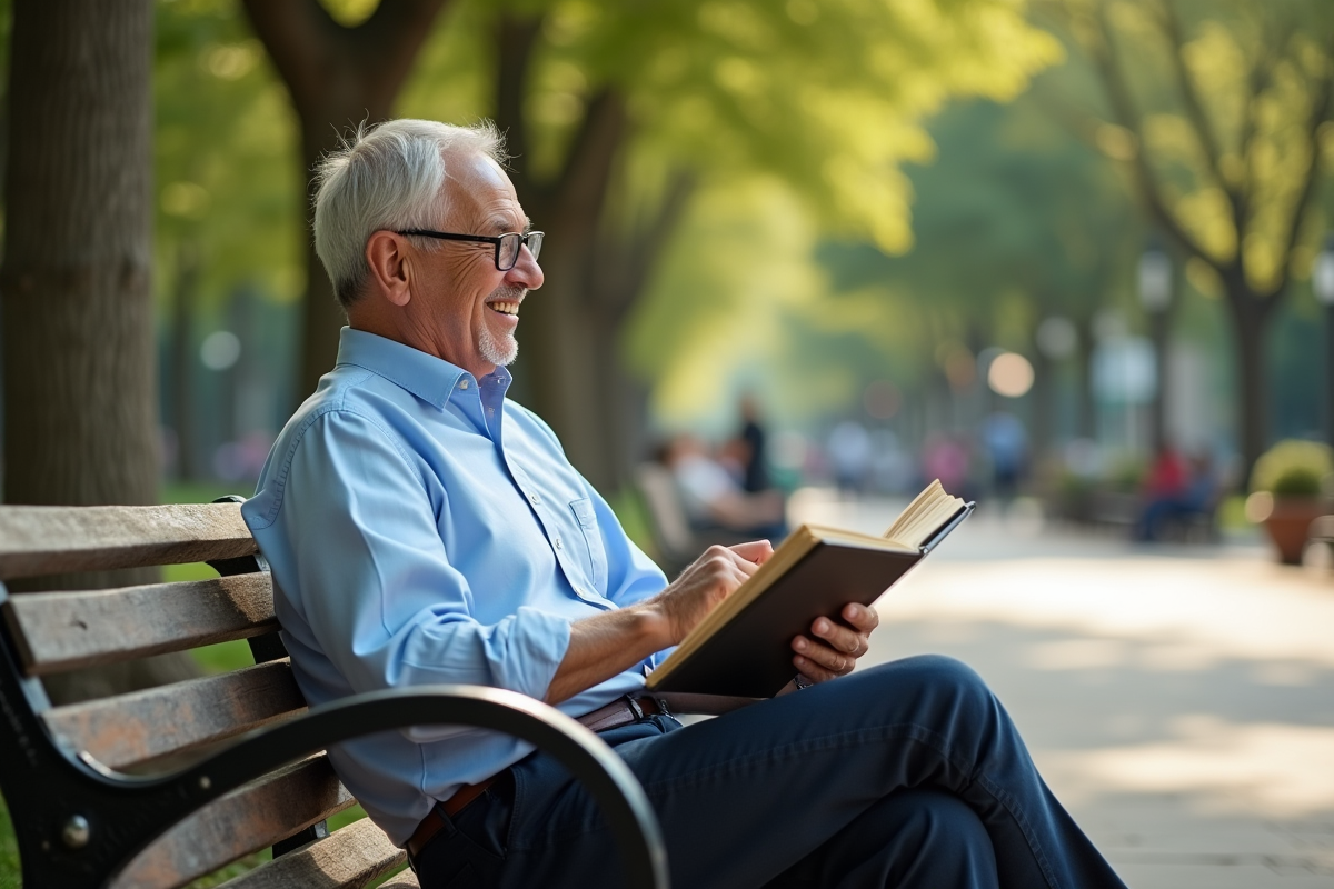 Homme âgé lisant un livre et utilisant une tablette dans un parc
