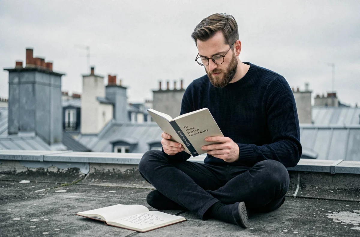 Homme lisant de la poésie moderne sur un toit urbain avec un carnet de vers manuscrits en strophes