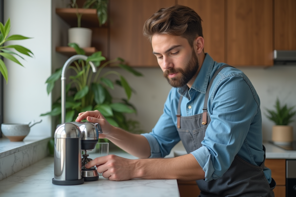 Jeune homme réparant un appareil dans une cuisine moderne