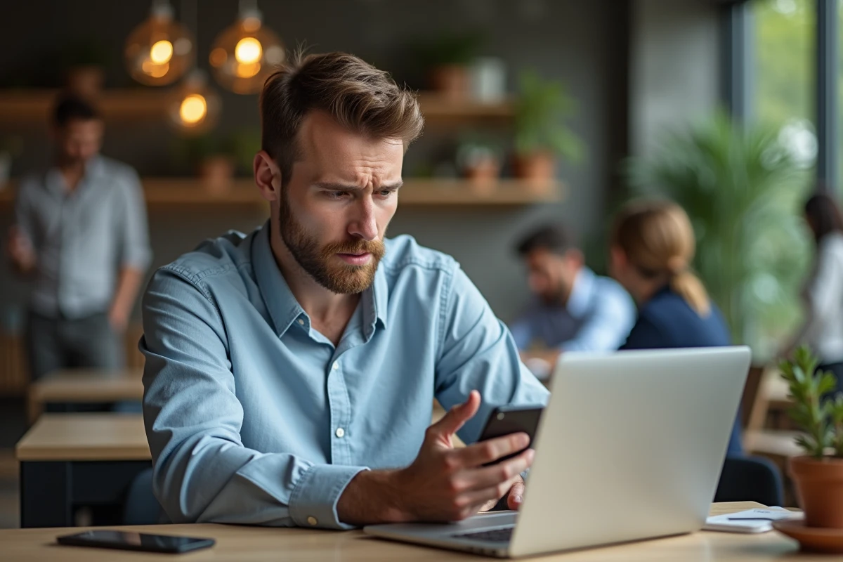 Homme frustré travaillant dans un espace coworking urbain