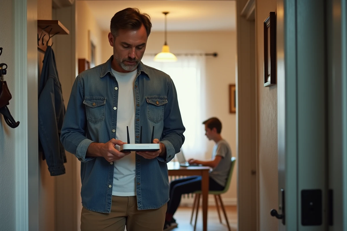 Homme vérifiant un routeur WiFi dans le couloir