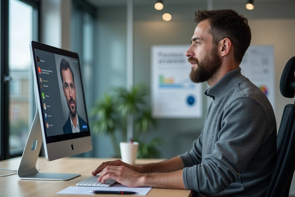 Homme en visioconference dans un espace de travail moderne
