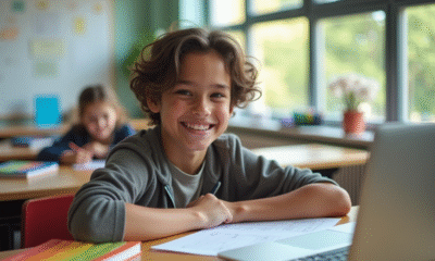 Jeune adulte souriant confiant à un bureau avec matériel d'étude