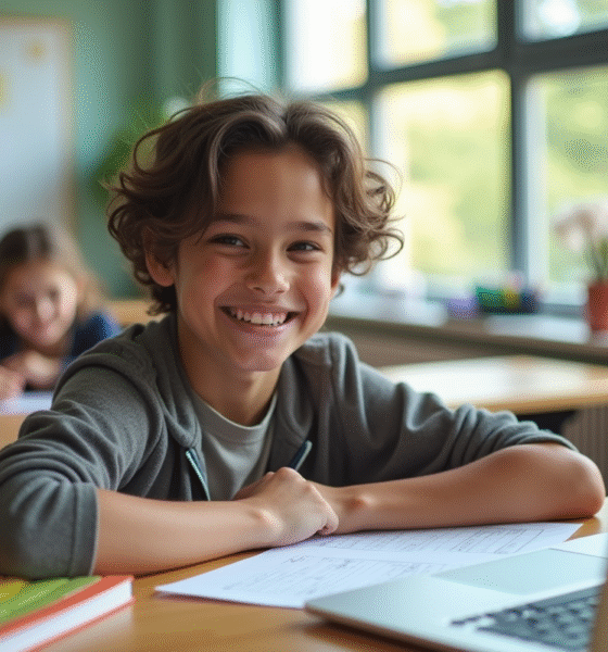 Jeune adulte souriant confiant à un bureau avec matériel d'étude