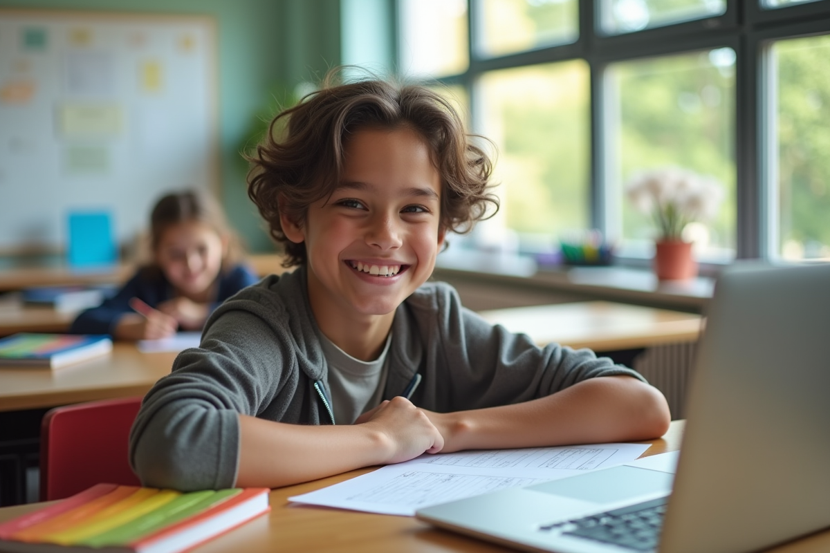Jeune adulte souriant confiant à un bureau avec matériel d'étude