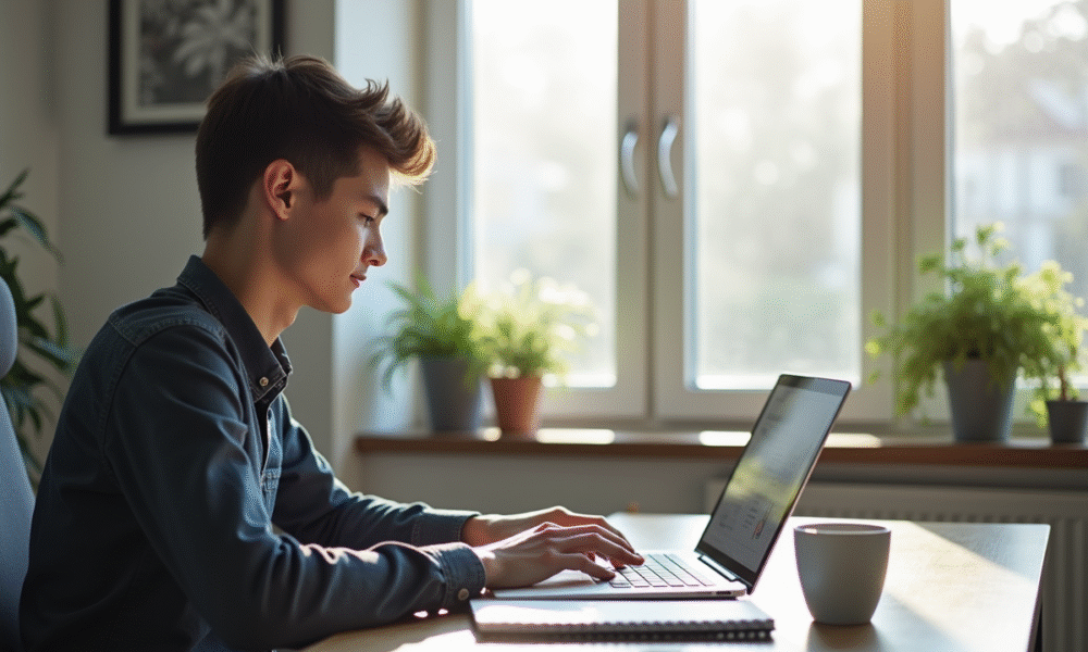 Jeune adulte travaillant sur un ordinateur dans un bureau lumineux