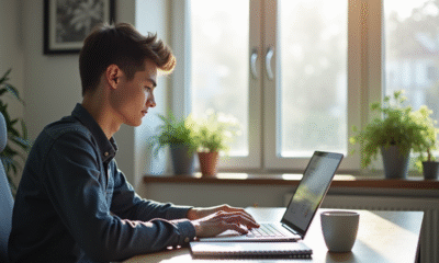 Jeune adulte travaillant sur un ordinateur dans un bureau lumineux