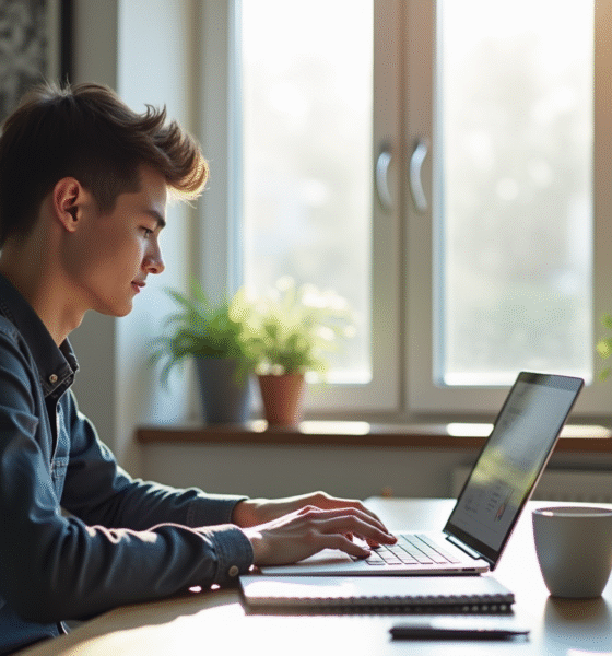 Jeune adulte travaillant sur un ordinateur dans un bureau lumineux