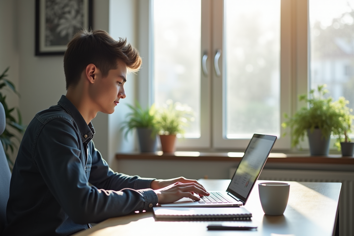 Jeune adulte travaillant sur un ordinateur dans un bureau lumineux