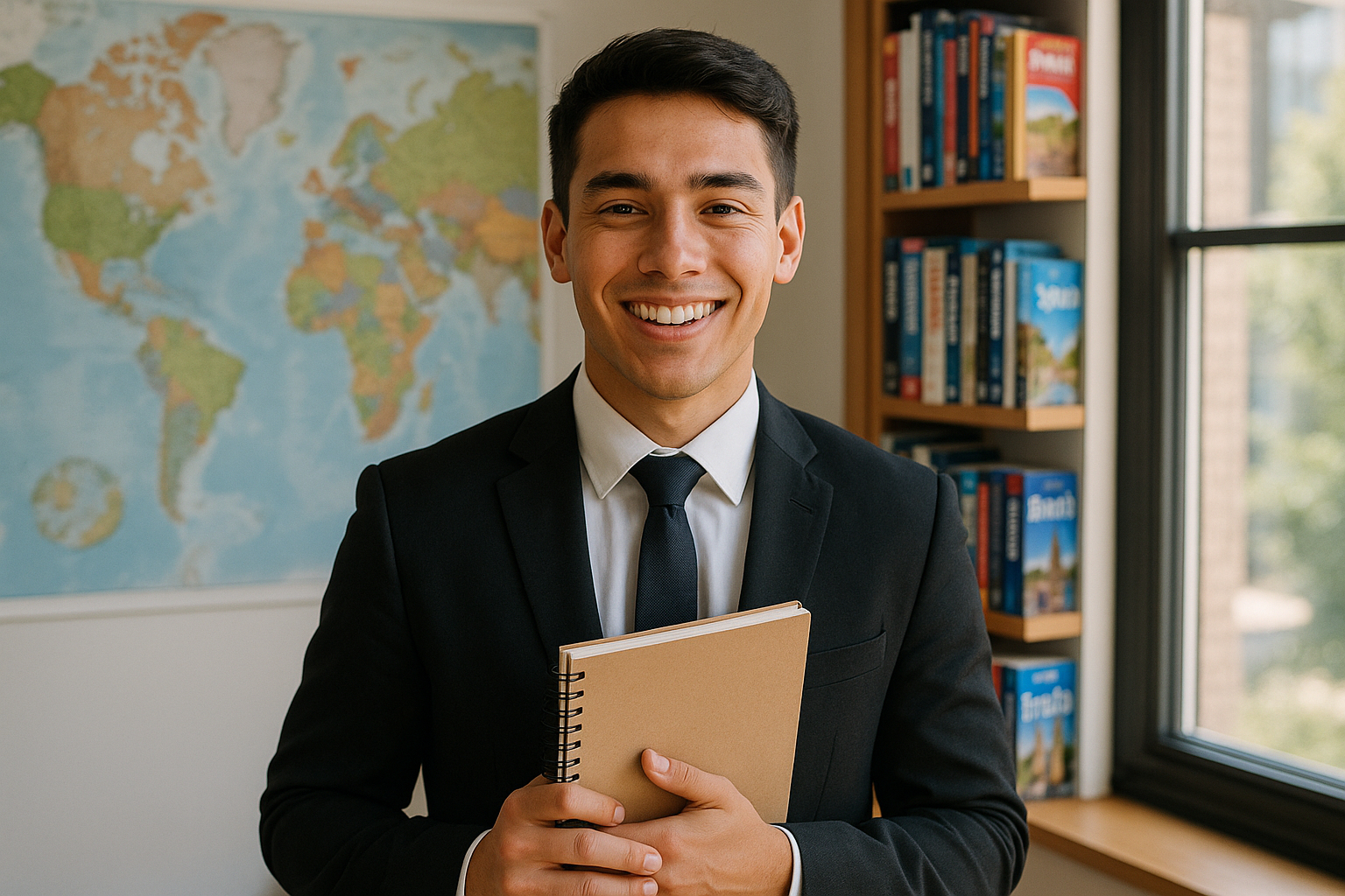 Étudiant souriant devant une carte du monde et des guides de voyage