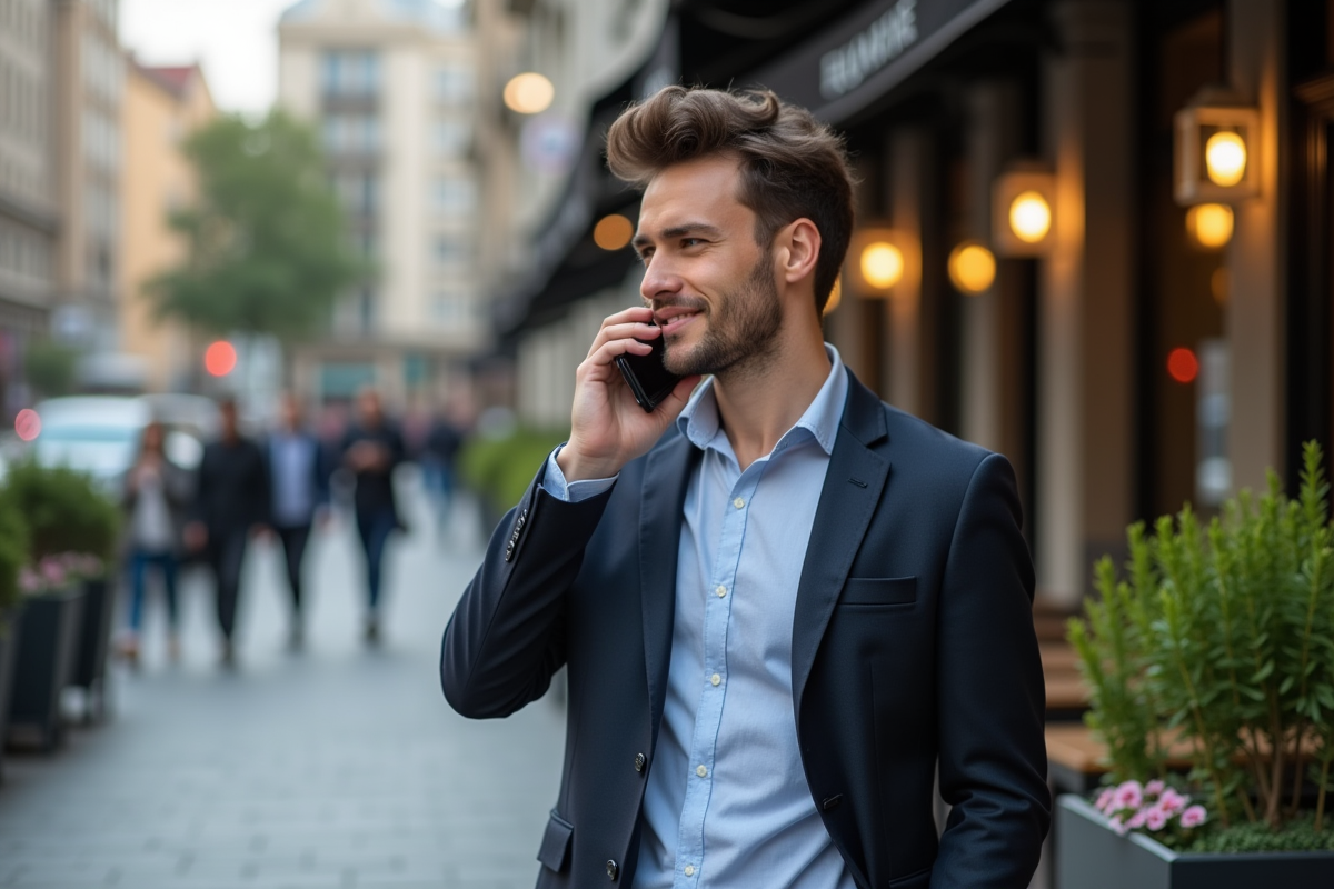 Jeune entrepreneur parlant au téléphone près d un café en ville