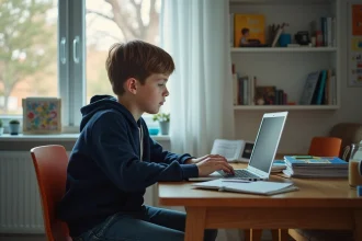Jeune garçon concentré sur son ordinateur dans sa chambre