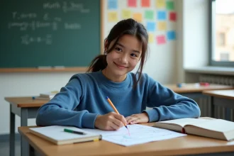 Jeune étudiante en classe dessinant une ligne tangente