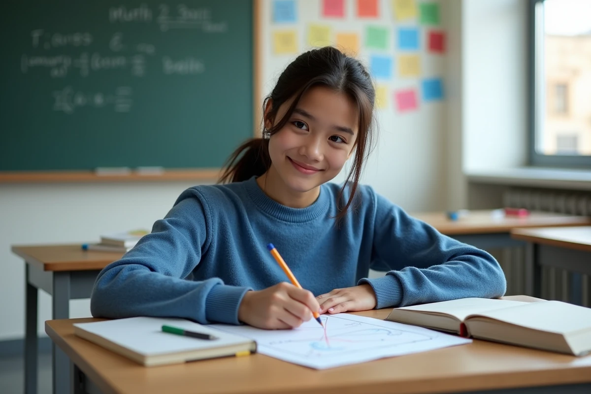Jeune étudiante en classe dessinant une ligne tangente