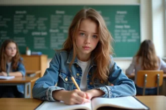 Jeune étudiante française perplexe en classe de français