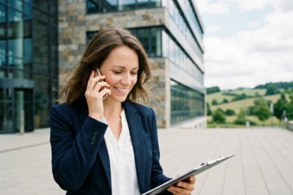 Jeune femme d'affaires souriante en extérieur près d'un bâtiment moderne
