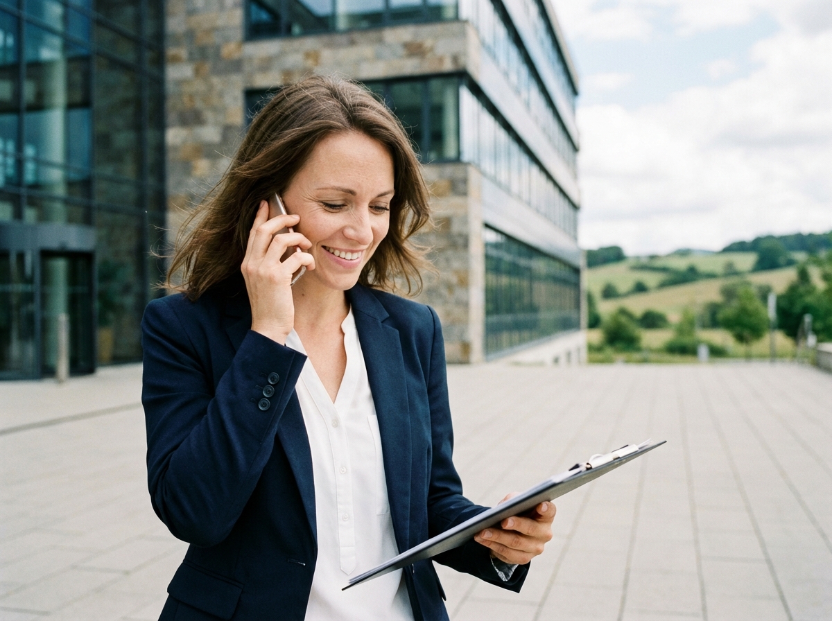 Jeune femme d'affaires souriante en extérieur près d'un bâtiment moderne