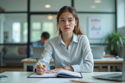 Jeune femme attentive en classe moderne pour l'article