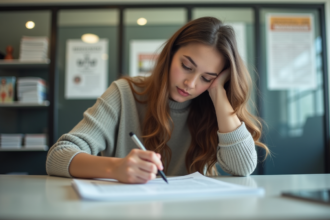 Jeune femme remplissant des papiers d'aide financière dans un bureau universitaire