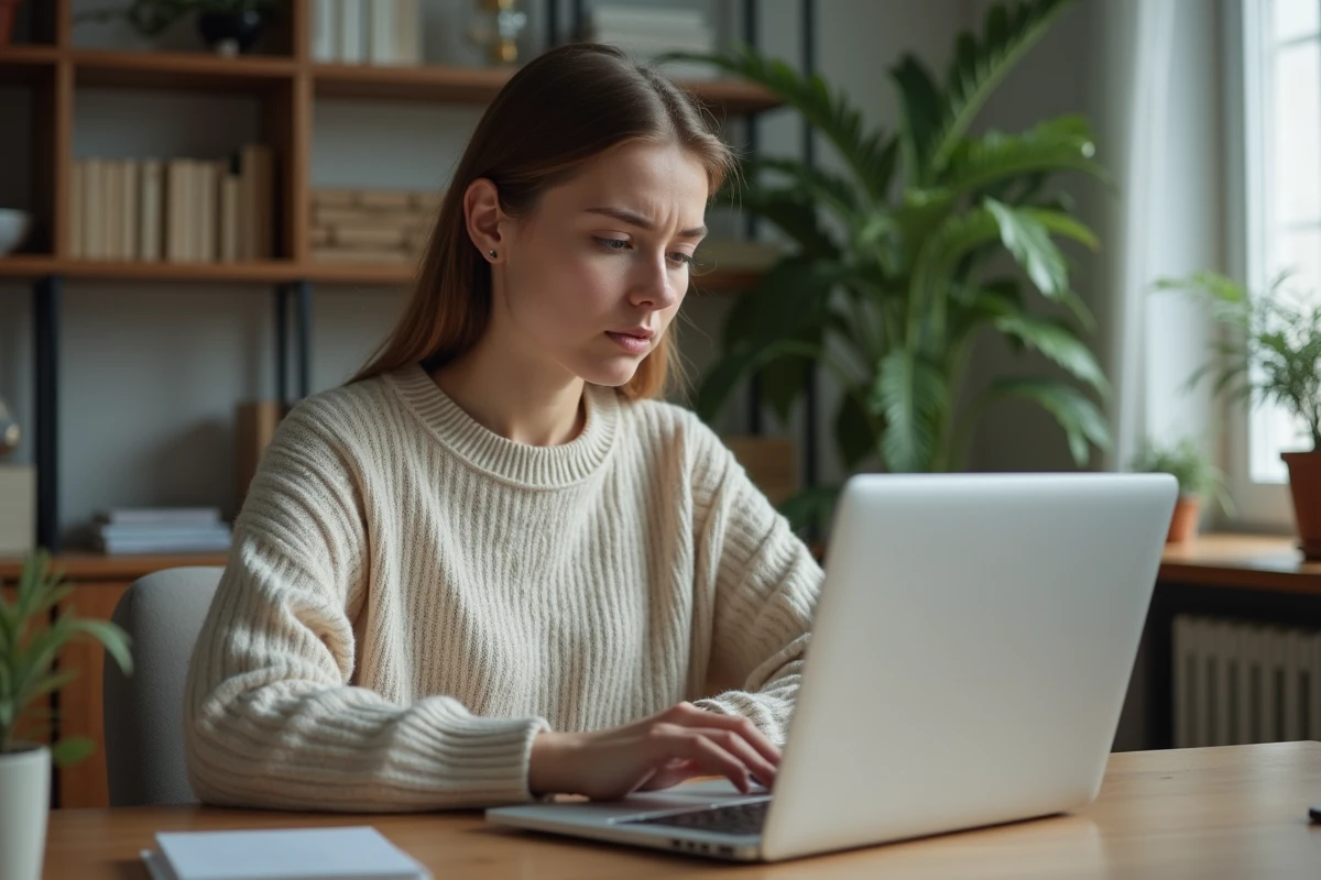 Jeune femme au bureau à domicile regardant son ordinateur