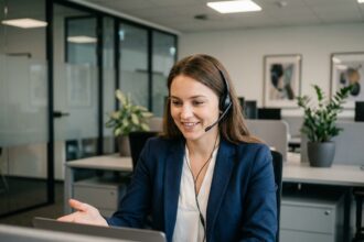 Jeune femme professionnelle au bureau en blazer navy