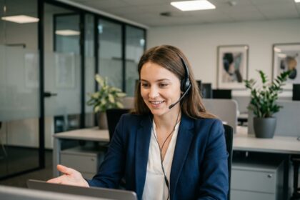 Jeune femme professionnelle au bureau en blazer navy