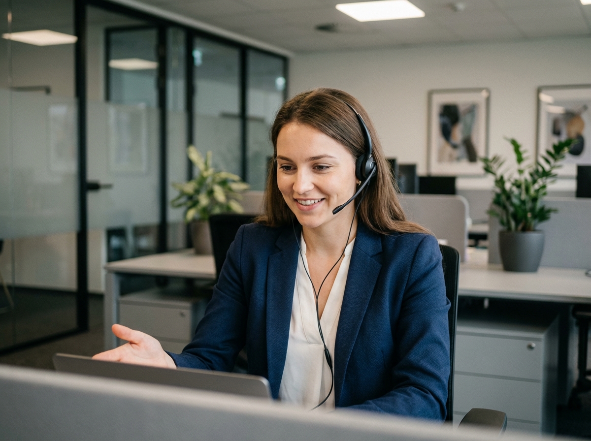 Jeune femme professionnelle au bureau en blazer navy