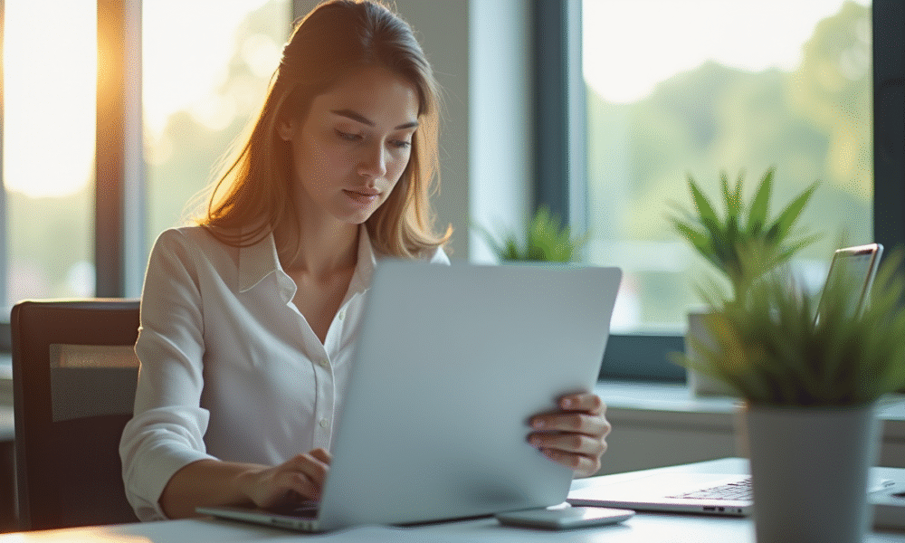 Jeune femme professionnelle au bureau lumineux