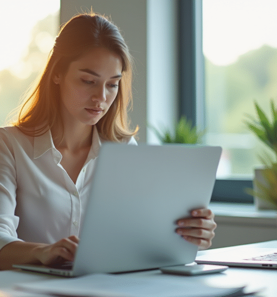 Jeune femme professionnelle au bureau lumineux