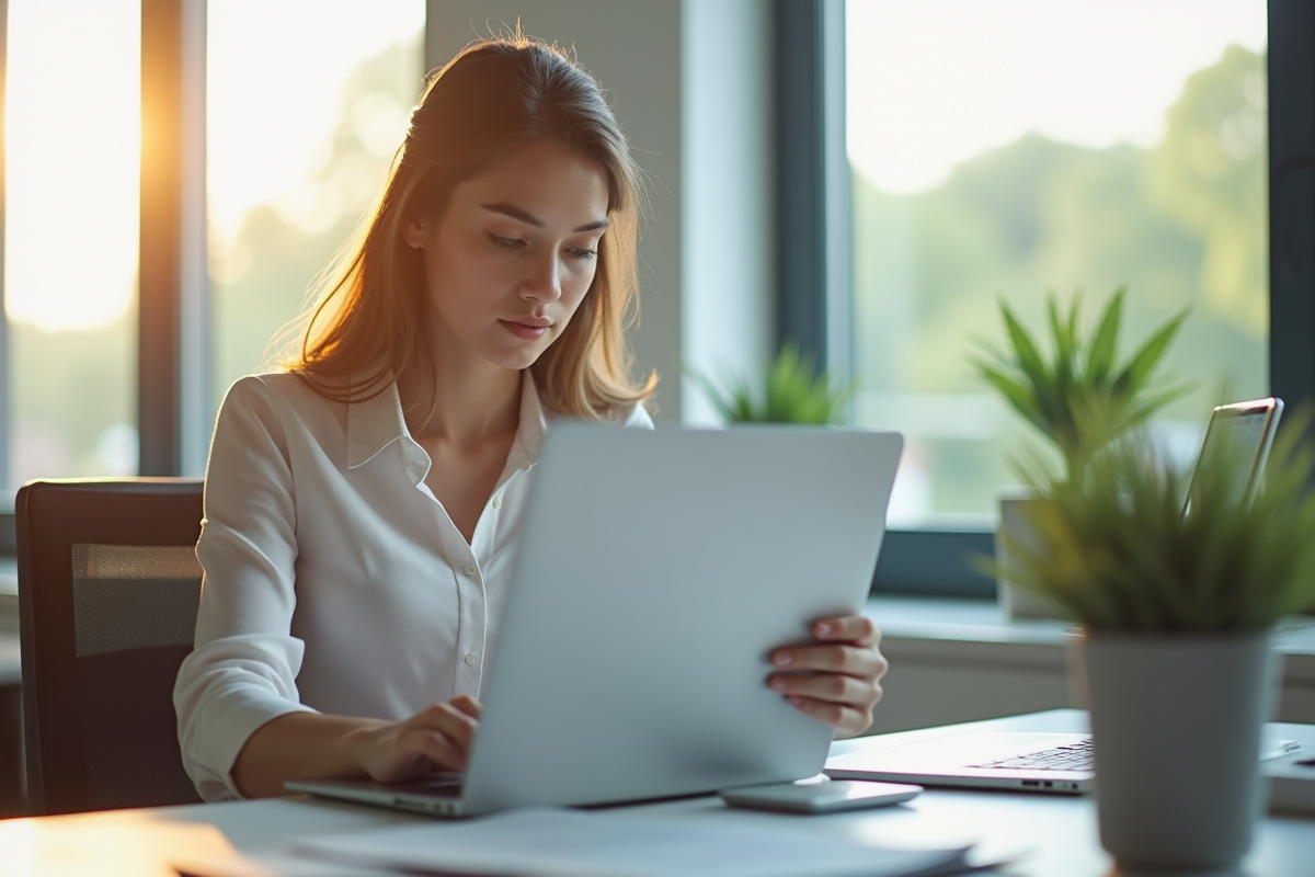 Jeune femme professionnelle au bureau lumineux