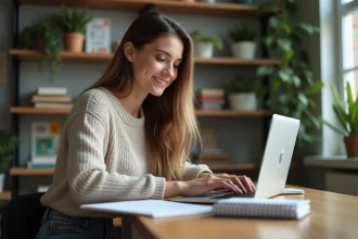 Jeune femme concentrée utilisant une calculatrice en ligne dans un environnement d'étude