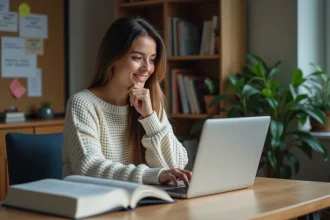 Jeune femme souriante interagissant avec un chatbot sur son ordinateur