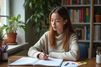 Jeune femme concentrée écrivant dans un carnet dans un bureau cosy