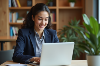 Jeune femme en coworking suivant une formation en ligne