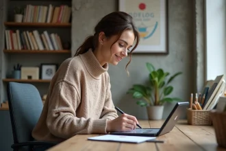 Jeune femme en home office dessinant sur tablette