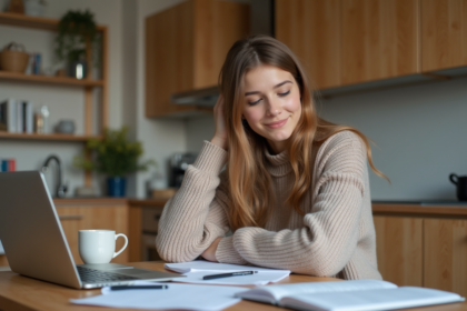 Jeune femme étudiant l'anglais à la maison avec notes et ordinateur