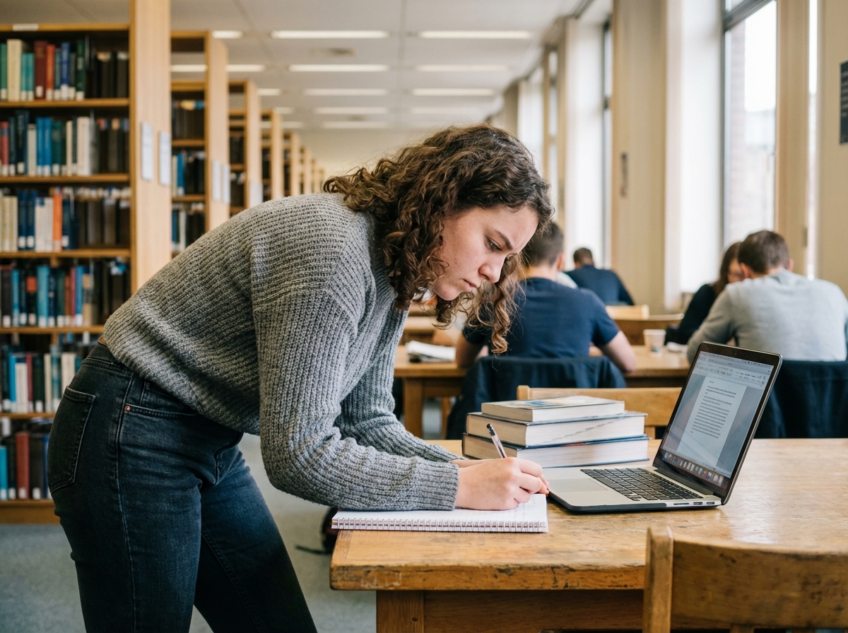 Jeune femme concentrée prenant des notes dans une bibliothèque