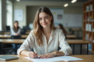 Jeune femme en bureau universitaire remplissant des formulaires