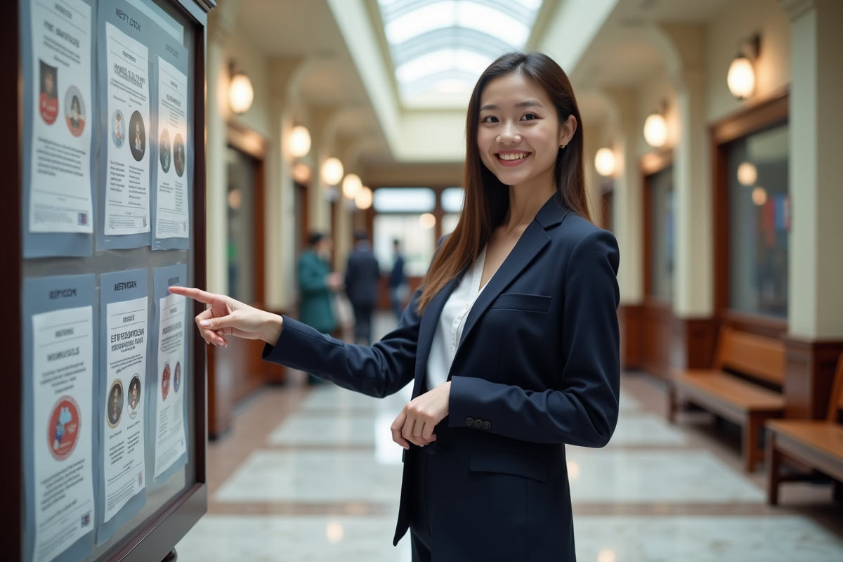 Jeune femme pointant brochure OPCO dans hall public