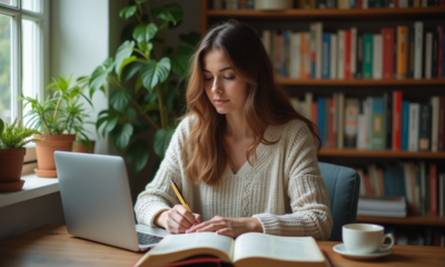 Jeune femme lisant un livre et prenant des notes à son bureau