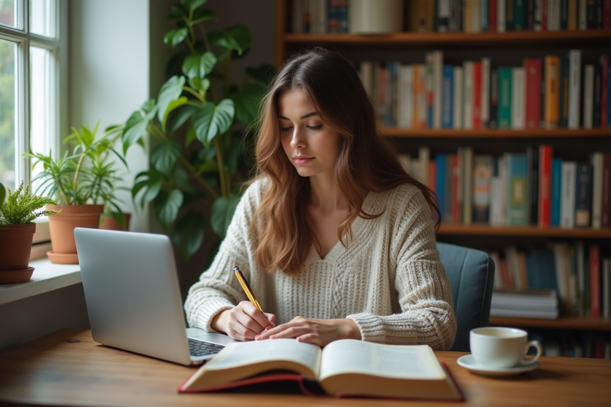 Jeune femme lisant un livre et prenant des notes à son bureau