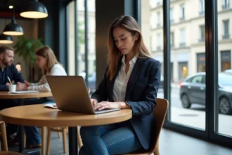 Jeune femme en blazer analyse campagne marketing à Paris