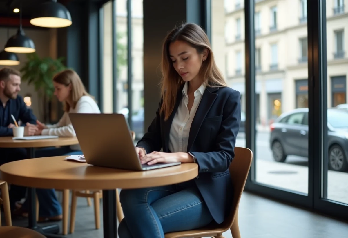 Jeune femme en blazer analyse campagne marketing à Paris
