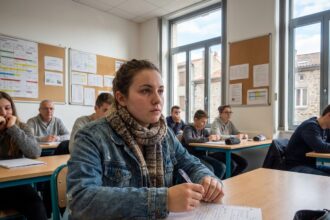 Jeune femme en classe prenant des notes dans une école professionnelle