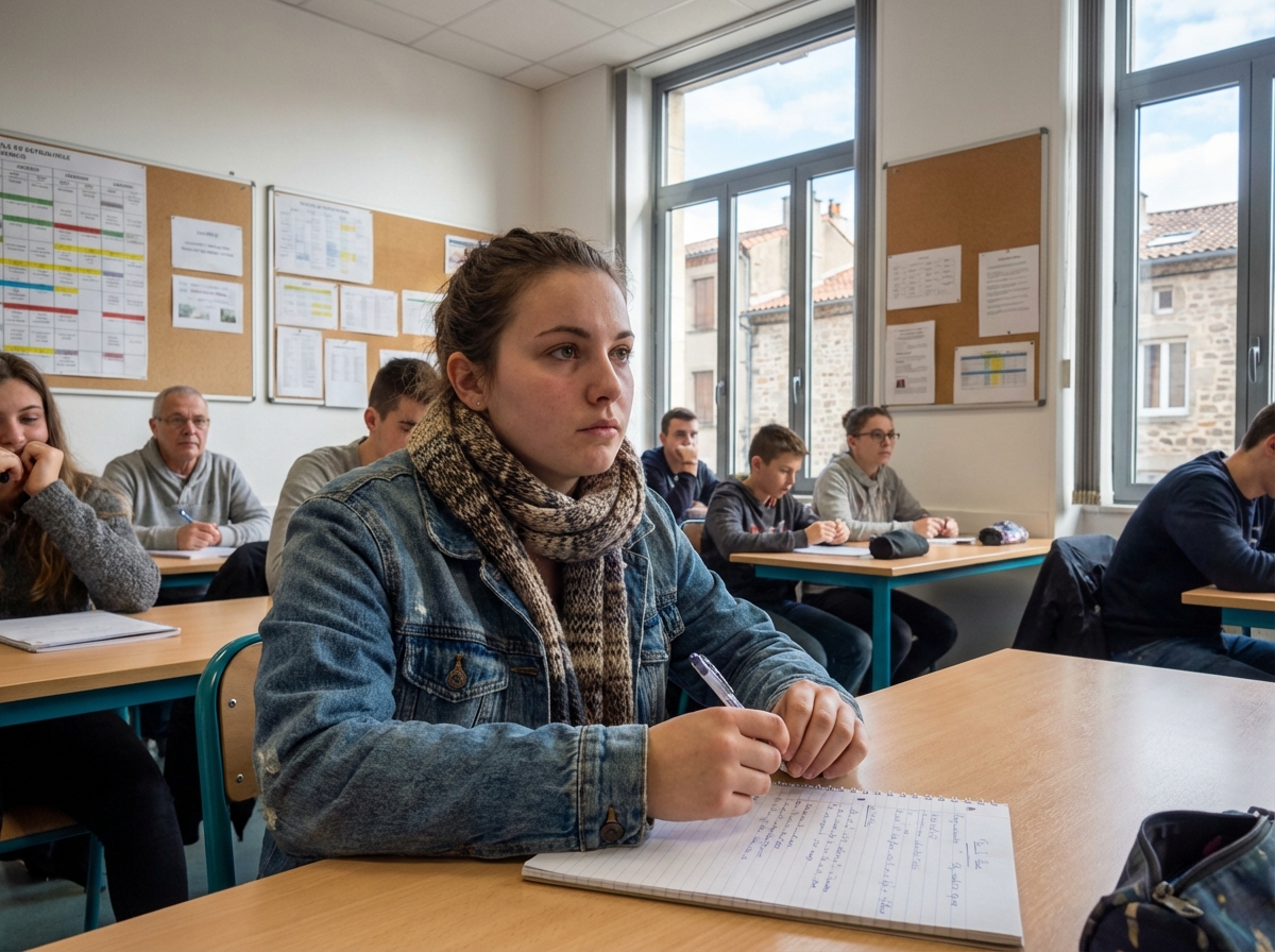 Jeune femme en classe prenant des notes dans une école professionnelle