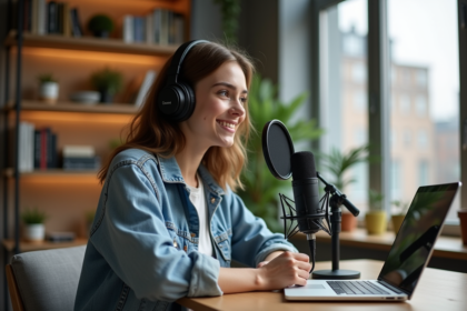 Jeune femme en denim parlant dans un micro de podcast dans un studio urbain