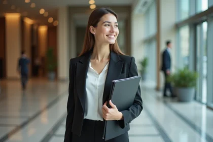 Jeune femme en blazer dans un lobby moderne et élégant