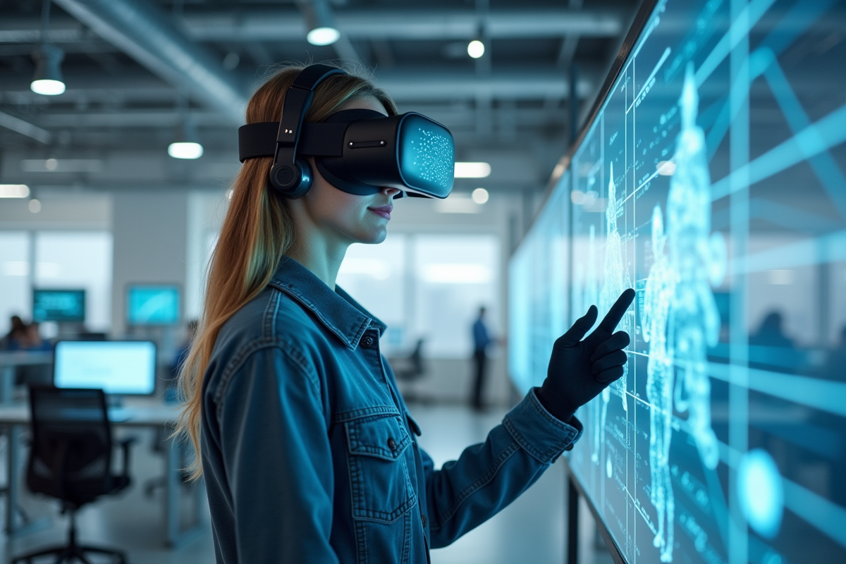 Jeune femme utilisant la réalité virtuelle dans un espace futuriste