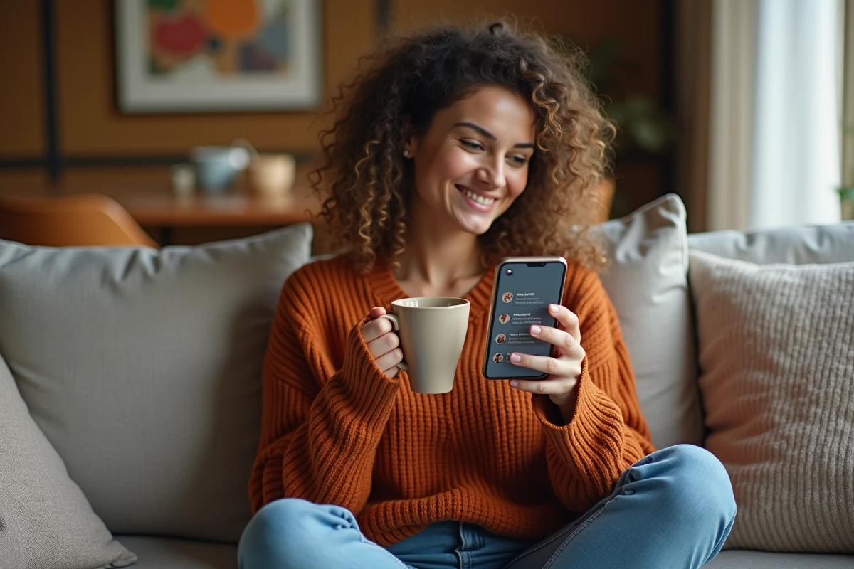 Jeune femme détendue sur un canapé consultant les résultats de sa campagne newsletter sur smartphone avec un café à la main