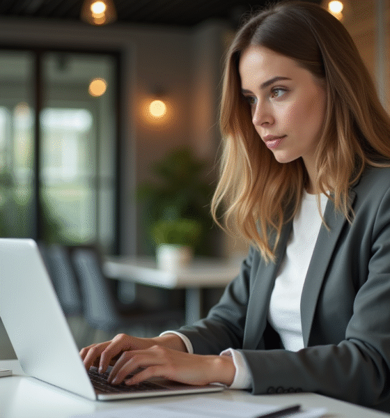 Jeune femme professionnelle travaillant sur un ordinateur dans un espace coworking